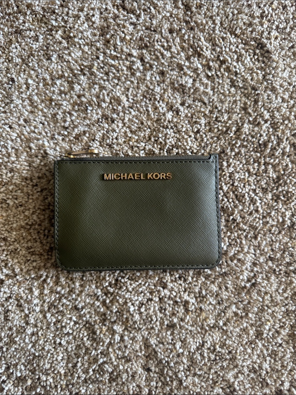 Michael Kors dark olive card zip card case with gold logo